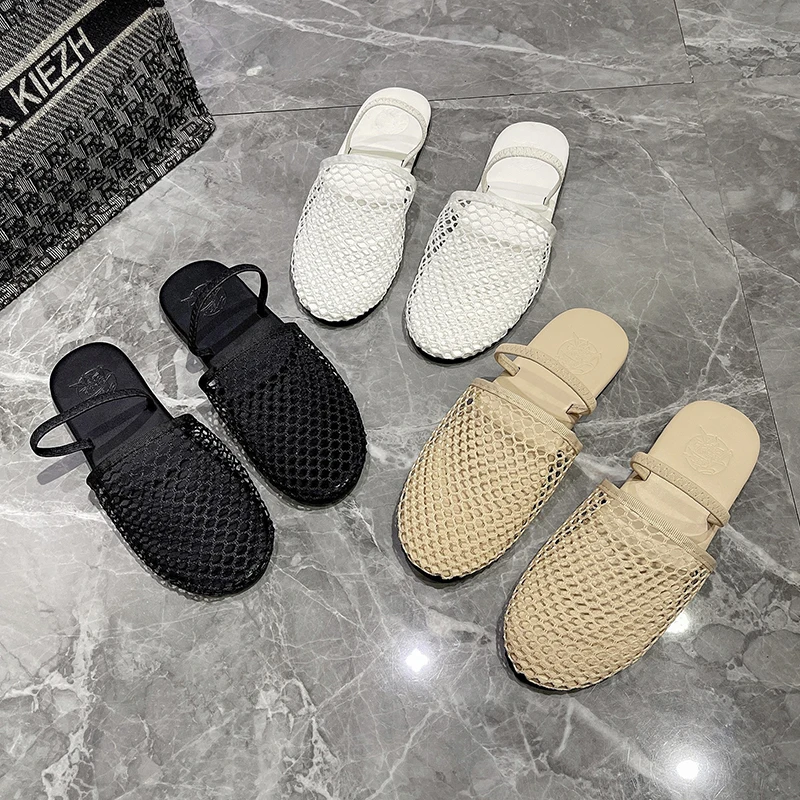 2024 Europe and The United States Hollow Mesh Small Weave Roman Sandals New Fashion All Round Head Flat Baotou Drag Female