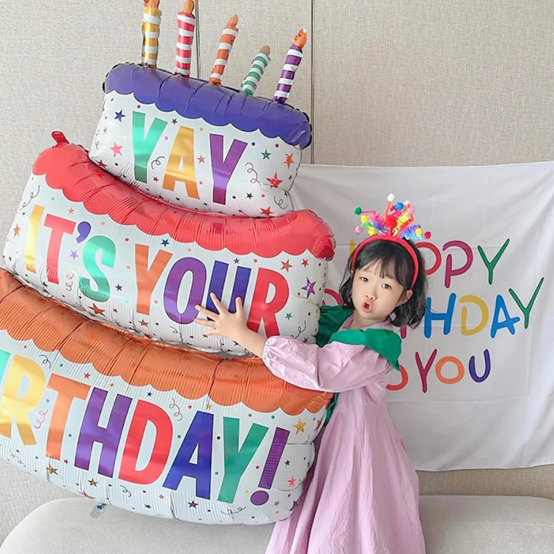 Happy Birthday Cake Balloons Large 3-Layer Color Candle Cake Balloons Bear Cake Ballon for Kid Birthday Party Baby Shower Decors