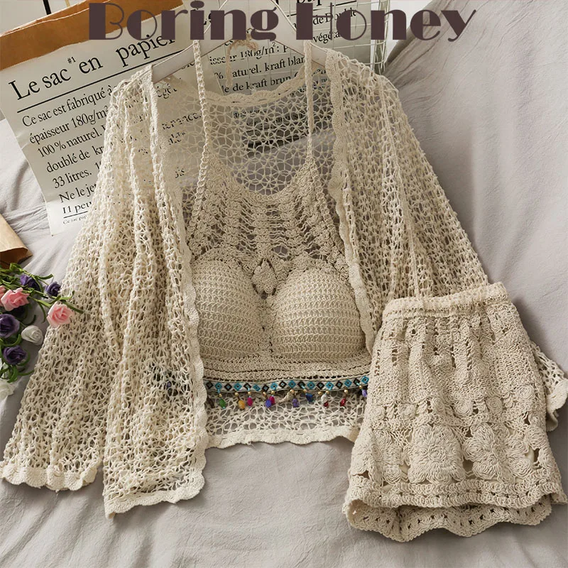 

Boring Honey Retro Macrame Pendant Halter Hollow Out Loose And Comfortable Top Long Sleeves Sun-Protective All-Match Shorts Suit