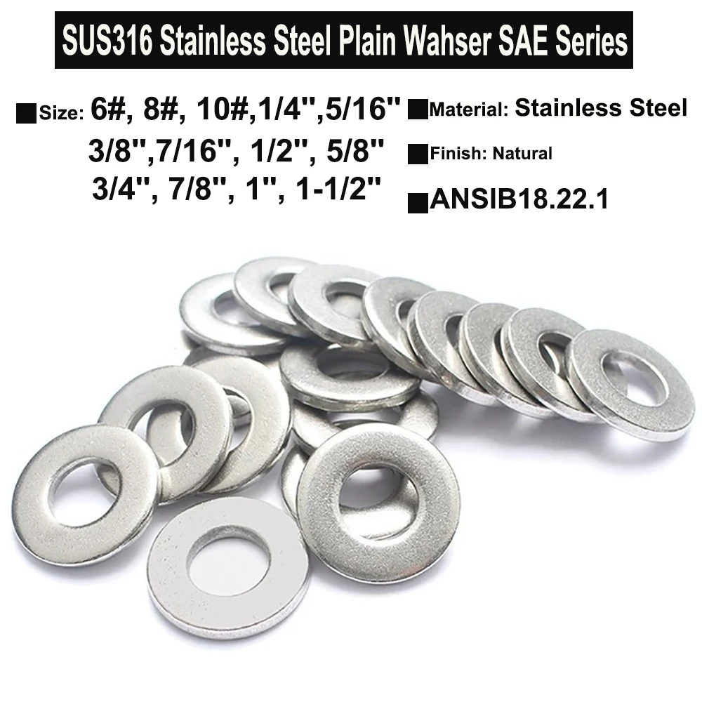 

Yiqianyuan SAE Plain Washers Set 6# 8# 10# 12# to 1-1/2'' Diameter SUS316 Stainless Steel for Industrial Use