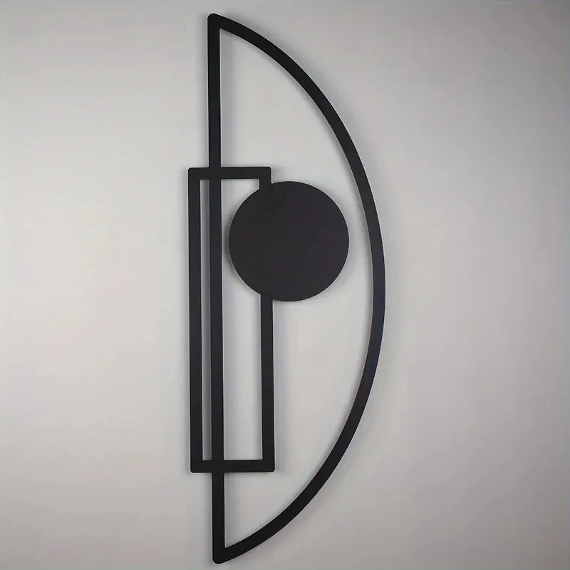 Elegant Black Metal Geometric Wall Art – Modern Vertical Abstract Decor with Circle & Rectangle Design – Ideal for Living Room