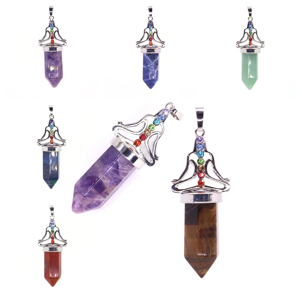 Bullet Head Shape Stone Pendants 7 Color Diamond Chakras Crystal Hexagonal Pendulum Charms for Jewelry Making Necklace Earrings