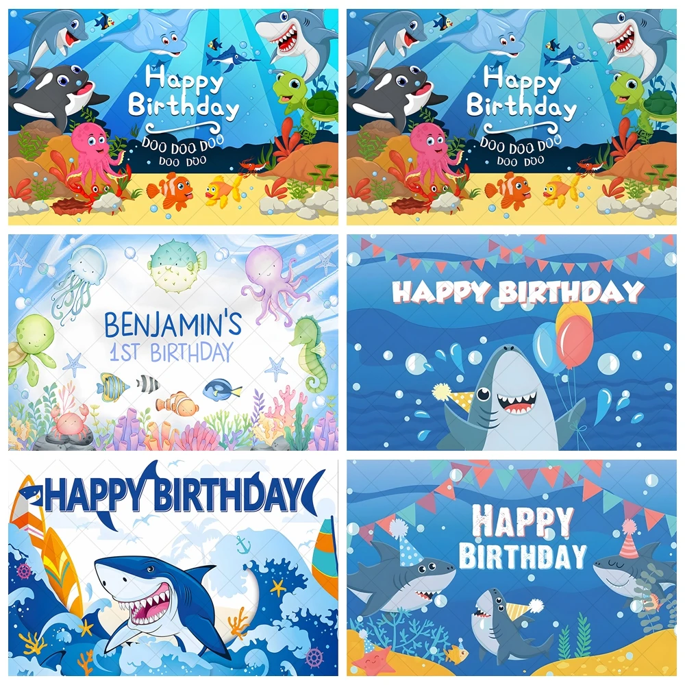 Cartoon Shark Theme Ocean Photography Photo Background Decoration Props Boys and Girls Birthday Banners and Posters Customizatio