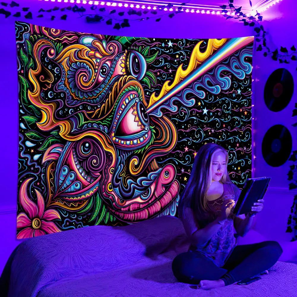 Fluorescent Tapestry UV Psychedelic  Aesthetic Wall Hanging Hippie  for Bedroom Dorm Independent Room Decoration