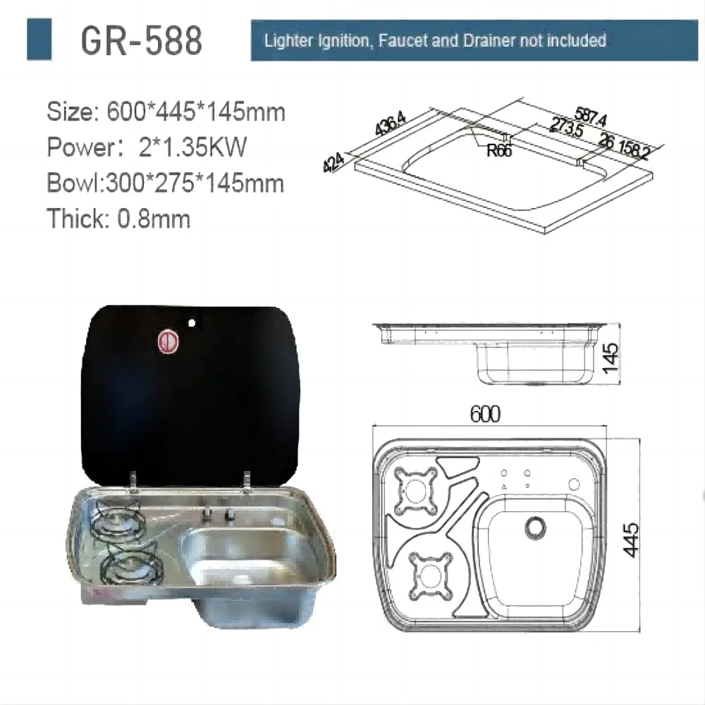 2 Burner Gas Stove Sink Combo Glass Lid 2*1.35KW 600*445*145mm Boat RV GR-588