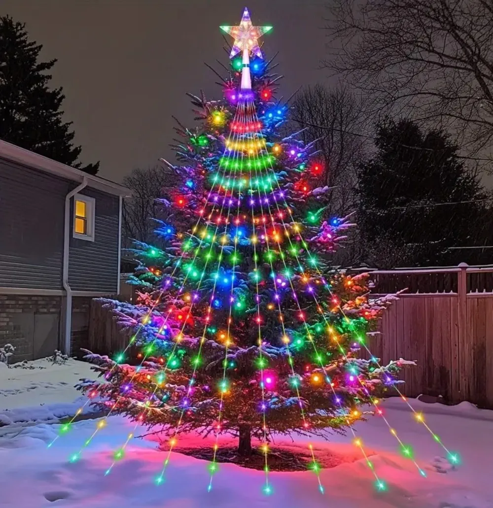 Solar Christmas Tree Waterfall Lights with Star Topper, Waterproof LED String Lights for Outdoor Xmas Tree Holiday Decorations