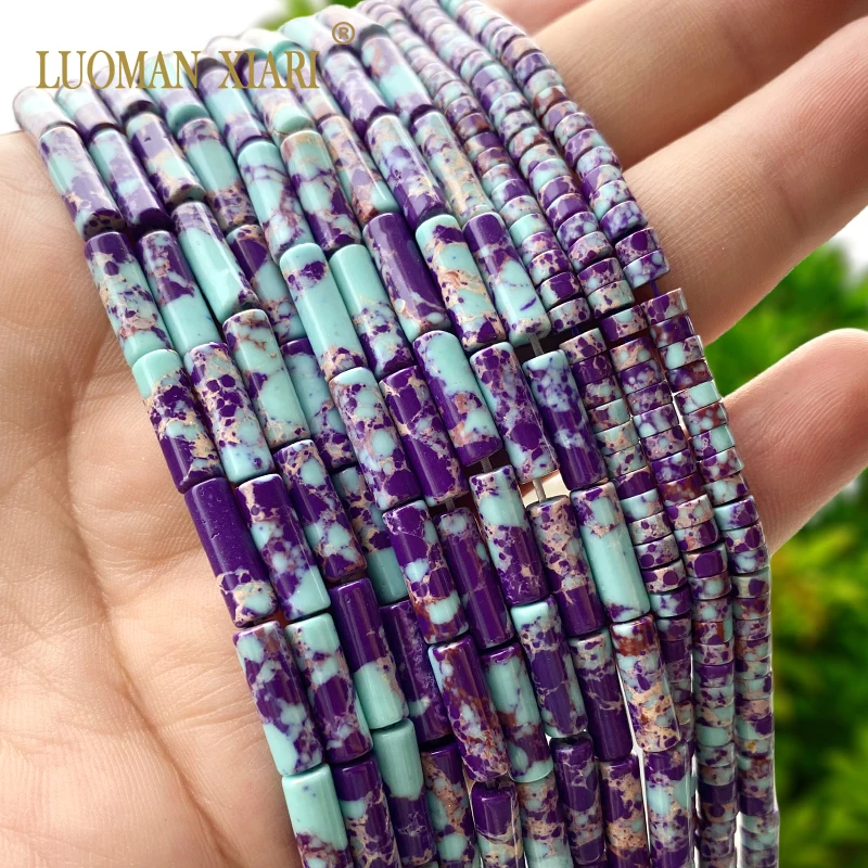 4x13MM Cylinder Natural Stone Purple Blue Sea Sediment Jasper Turquoise Spacer Beads for Jewelry Making DIY Bracelet Accessories