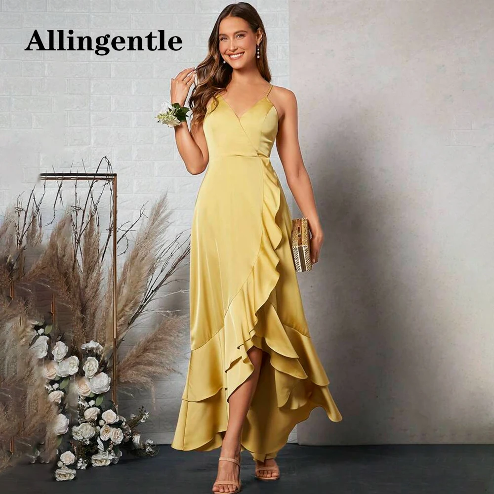 Allingentle Chic Fashion scollo a v abiti da damigella d'onore in raso 2024 a-line Ruffles fessura Party Prom Gown lunghezza del pavimento vestidos de noche