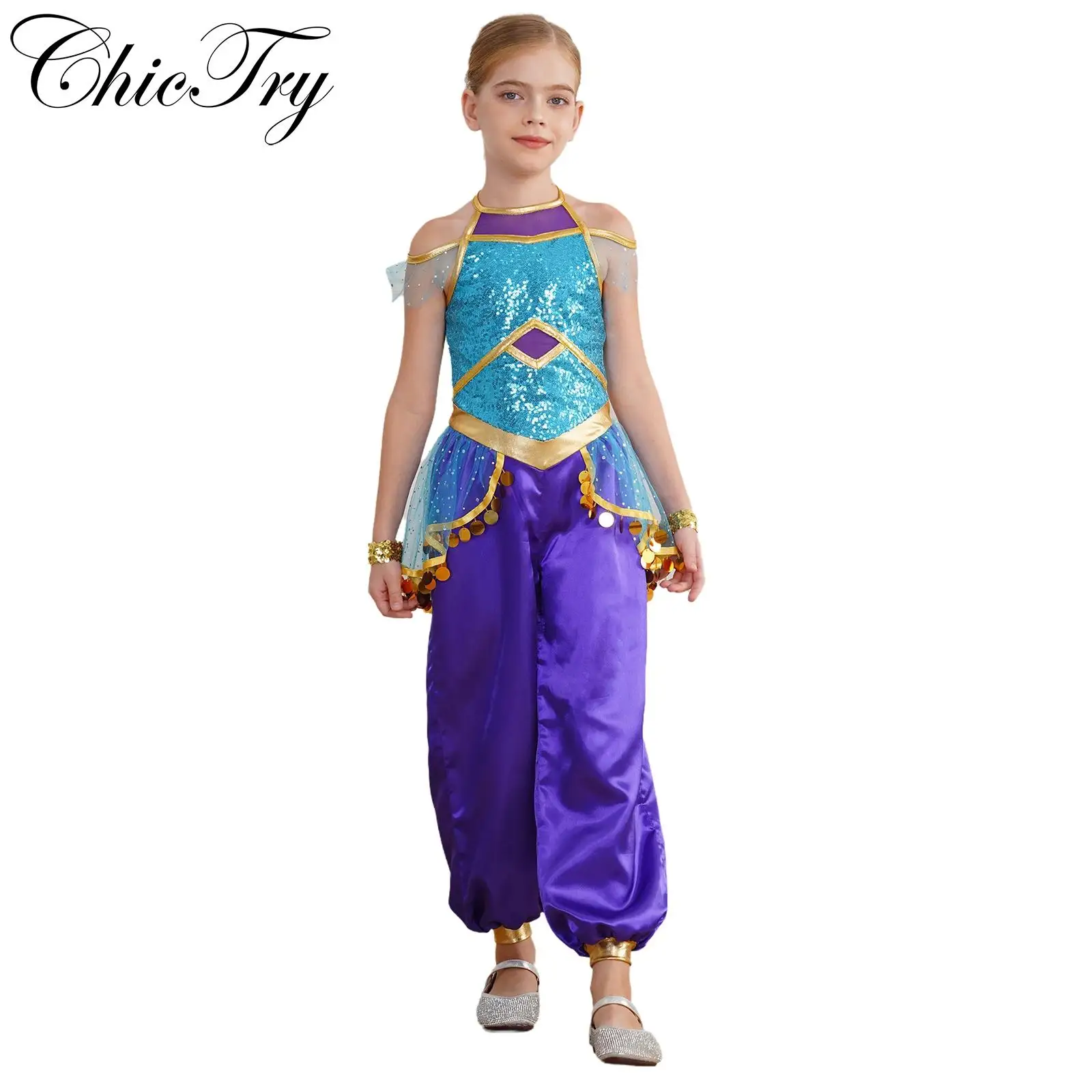

Kids Girls Jasmin Arabian Princess Cosplay Costume Halloween Jumpsuit Sequins Bodysuit with Wrist Band Carnival Party Dress Up