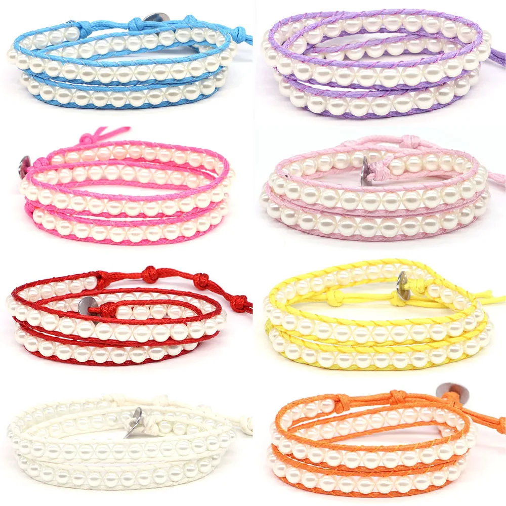 Браслет в богемном стиле для женщин и мужчин, регулируемые бусины с искусственным жемчугом, 2 нити, 6 мм, очаровательное Ювелирное Украшение ручной работы