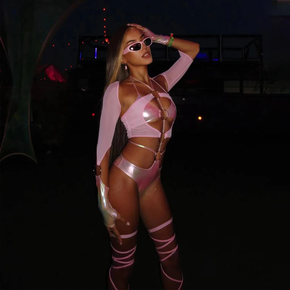 

MUZISKAT Summer Pink Sexy Tight Solid Color Dress Women's Hollow Mini Skirt Nightclub Party jumpsuit 3-piece Set