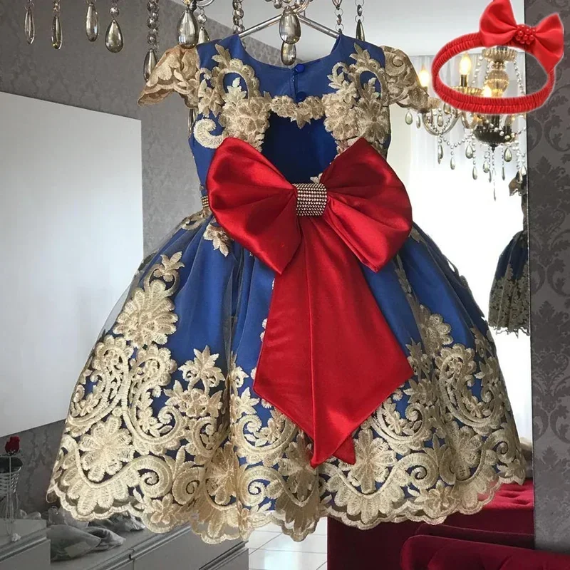 Elegant Princess Lace Wedding Formal Dress Luxury Embroidery Kids Dresses For Girls Vintage Backless Children Party Prom Gown