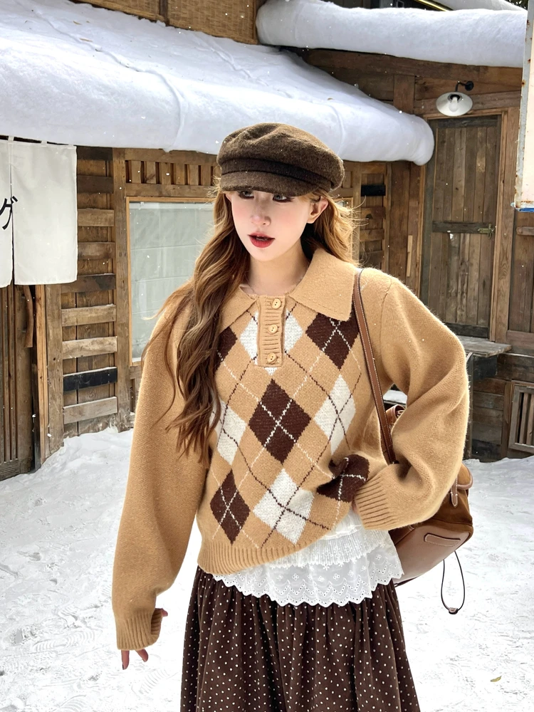 

Вязаный свитер NiiDaily Briti Sle с ромбовидным узором, в стиле колледж, ретро, из нейлоновой ткани, средней мягкости