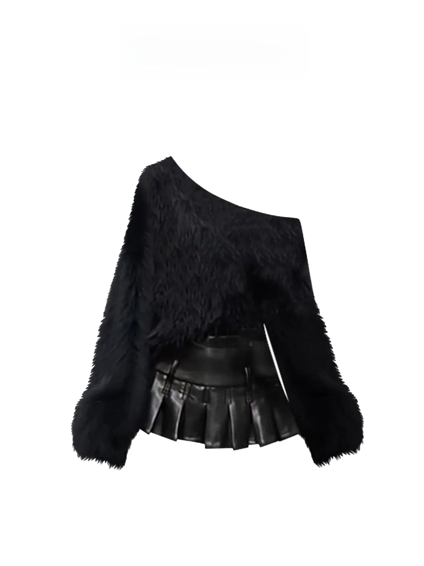 

HEZA plus Size Ele Lady Bla Asymmetrical oulder Furry Top Women Autumn Winter American Hot Girl Pleated Skirt Set