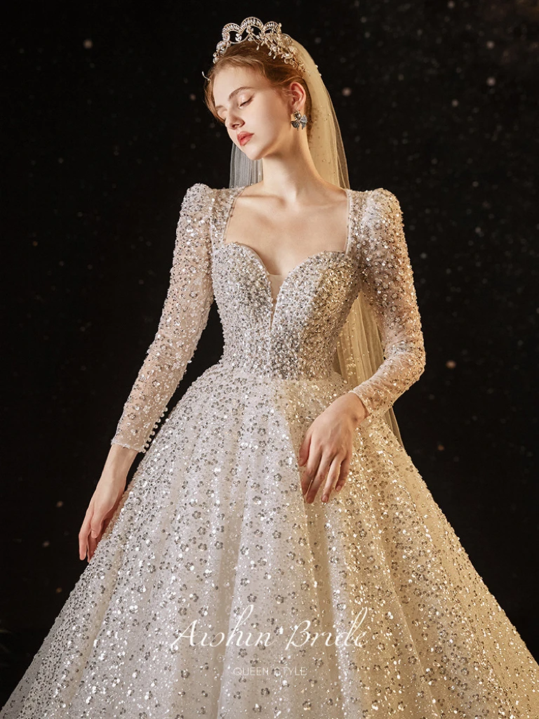 

Shiny Glitter Wedding Dress Beading Square Collar Customized Dubai Arabic Backless Long Sleeve A Line Bridal Gowns New