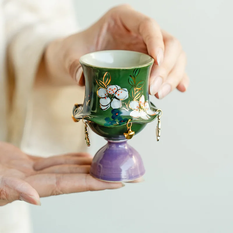 painted jasmine flower exquisite high-footed elegant cup master cup single ceramic teacup women's household kung fu tea set
