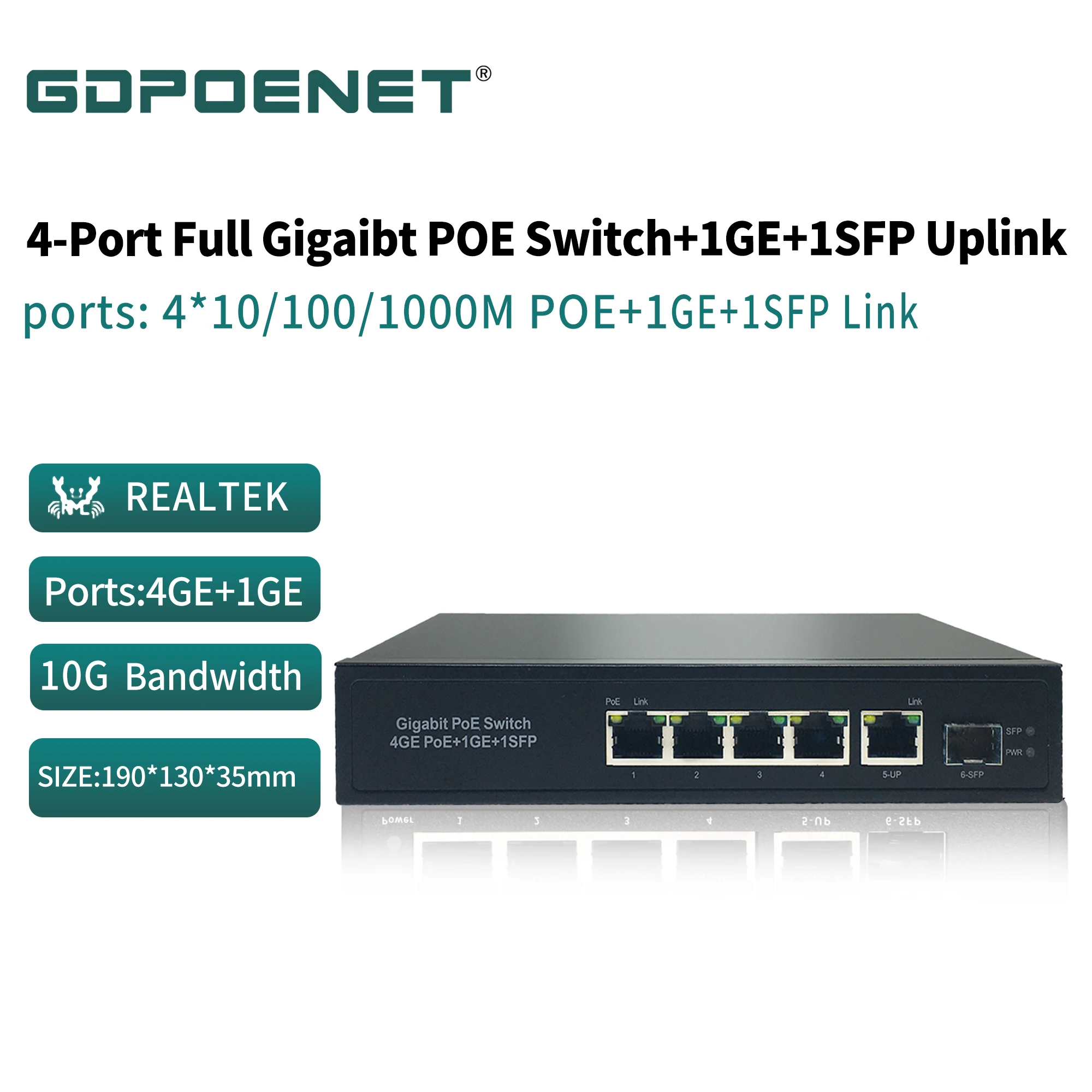 

Full Gigabit 4 Port PoE Switch 1GE+1SFP Uplink for IP Camera Built-in Power 65W