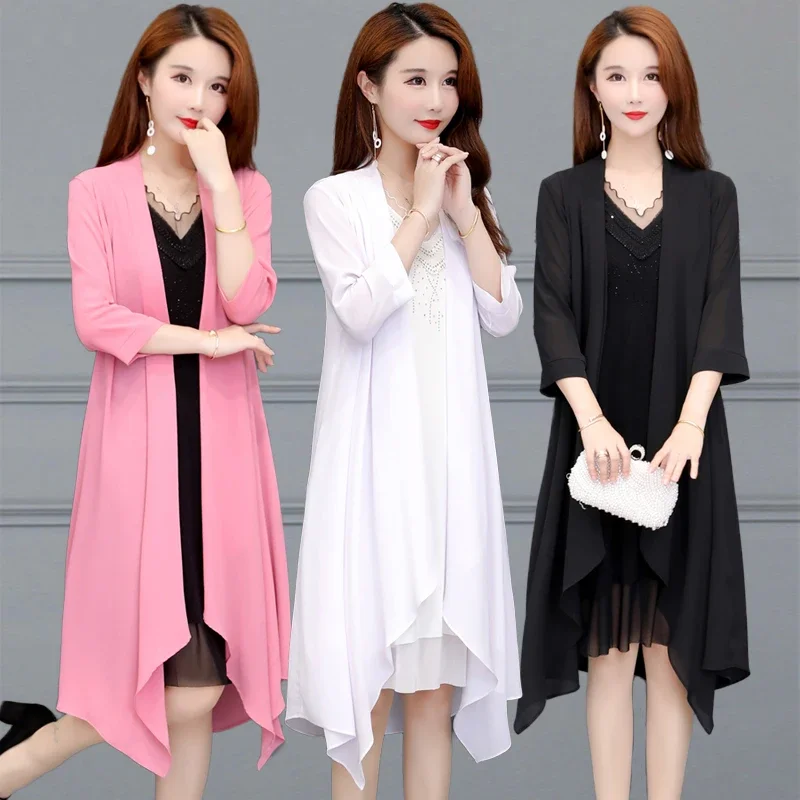 2024 Summer Sun Protection Clothes Women Casual Chiffon Cardigan Coat Large Size Thin Outerwear Mother Solid Long Shawl Shirts