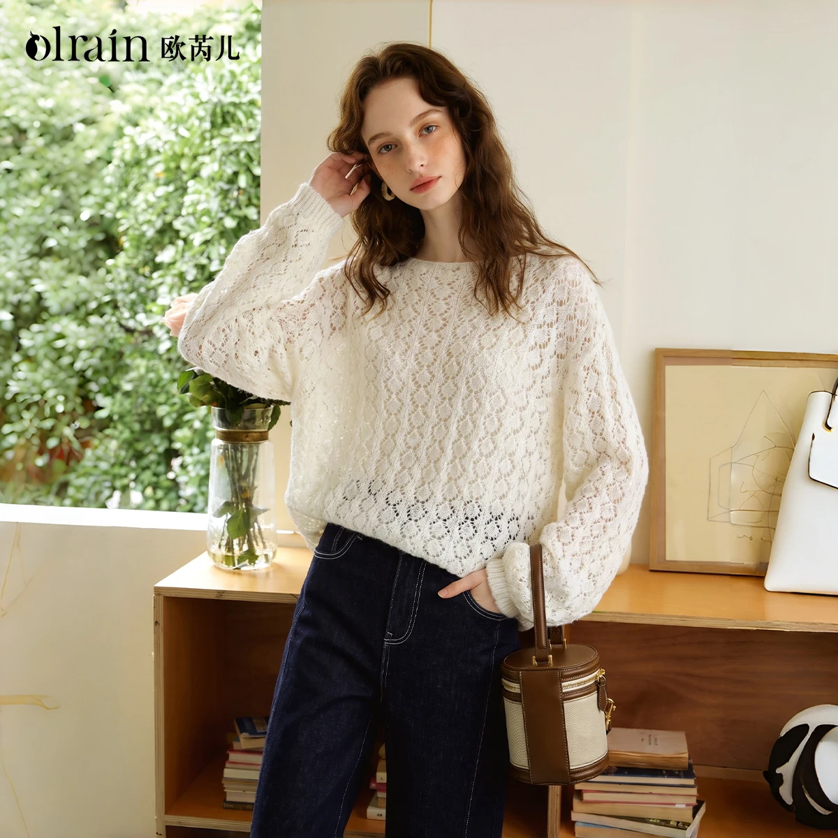 OLrain knitted sweater women's clothing 2026 autumn new beige hollow knitted flower boat collar loose casual top O58QZ009680