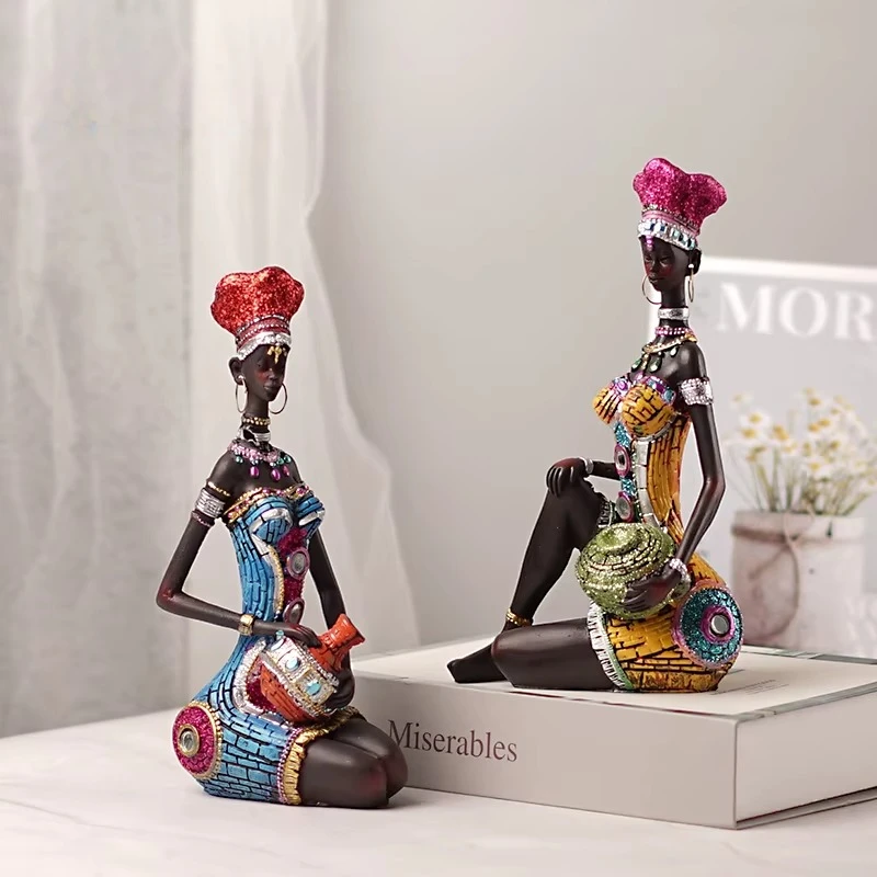 NORTHEUINS Resin African Black Women's Ornaments Exotic Holding Pottery Jars Home Living Room Desktop Decor Statues Art Figures