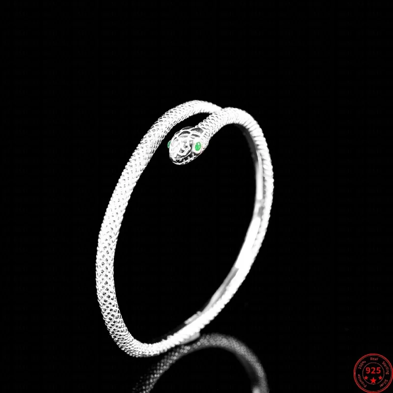 

S999 Sterling Silver Charms Bracelets for Women New Fashion Bright Silver Color Snake Zircon Eyes Bangle Jewelry Wholesale