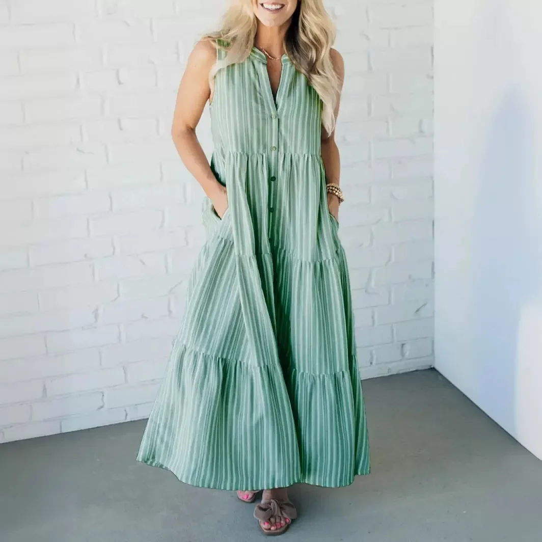 Women New Striped V-neck Sleeveless Shirt Big Swing Dress Long Loose Maxi Dress High Waist