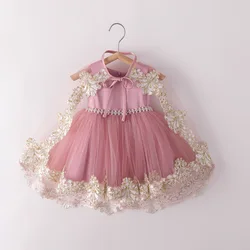 HETISO Girls Elegant Dresses + Cape Golden Embroidery Child Ceremonial Party Frocks Baby Princess Gown 1-5 Years