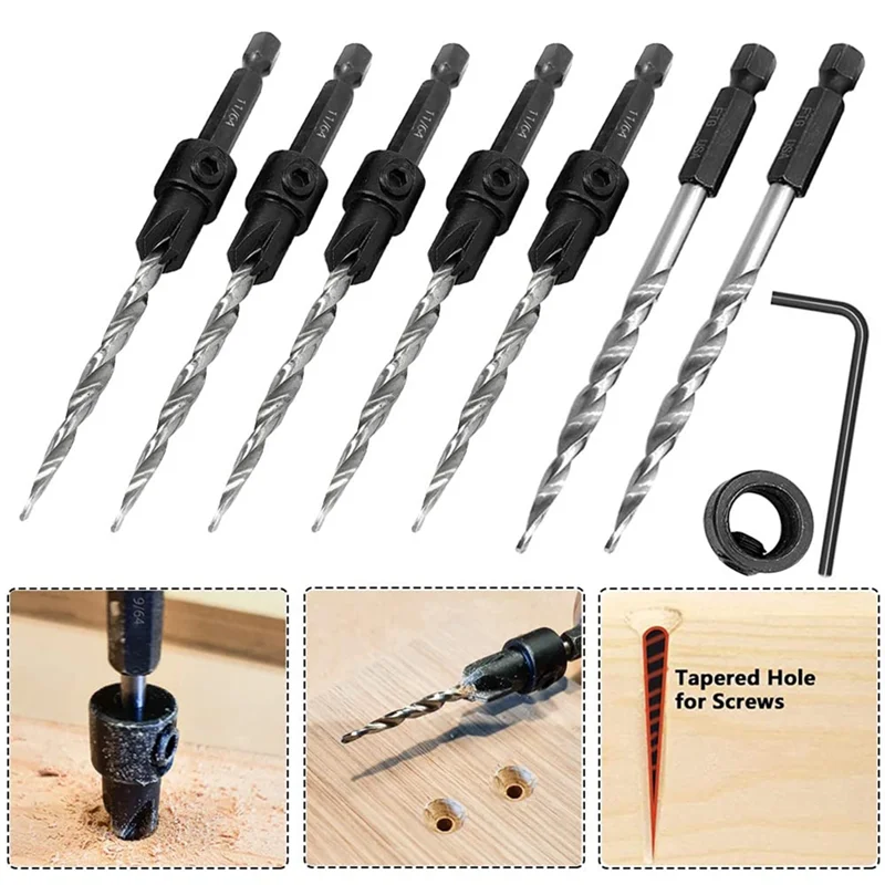 5Pcs Wood Countersink Drill Bit Set with 2Pcs Counter Sinker Replacement Tapered Drill Bit for Drilling Pilot Hole