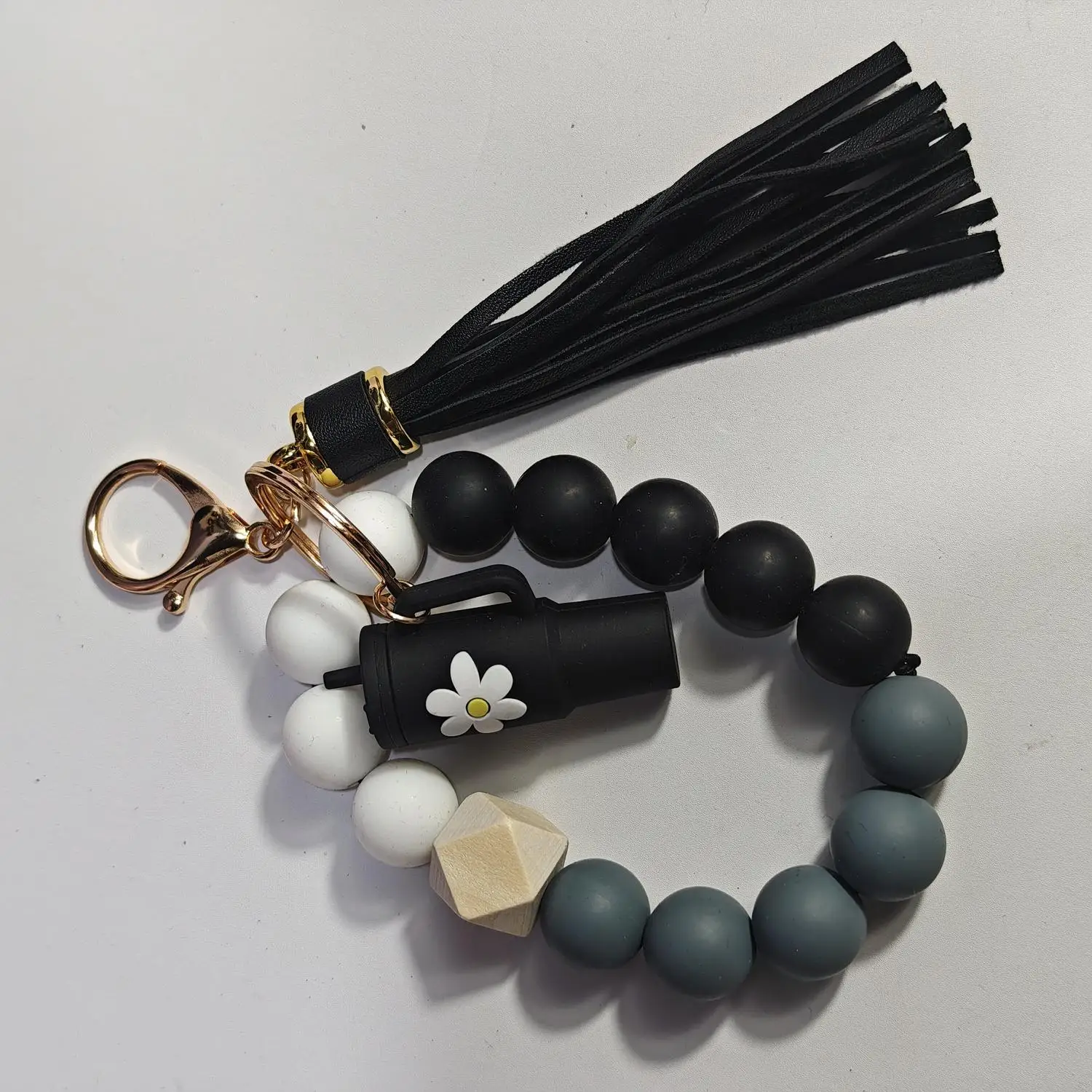 Black Water Bottle Strap Set with Beaded Tassel Charms Cup Sleeve Bow Straw Topper And Dust Plug view 4