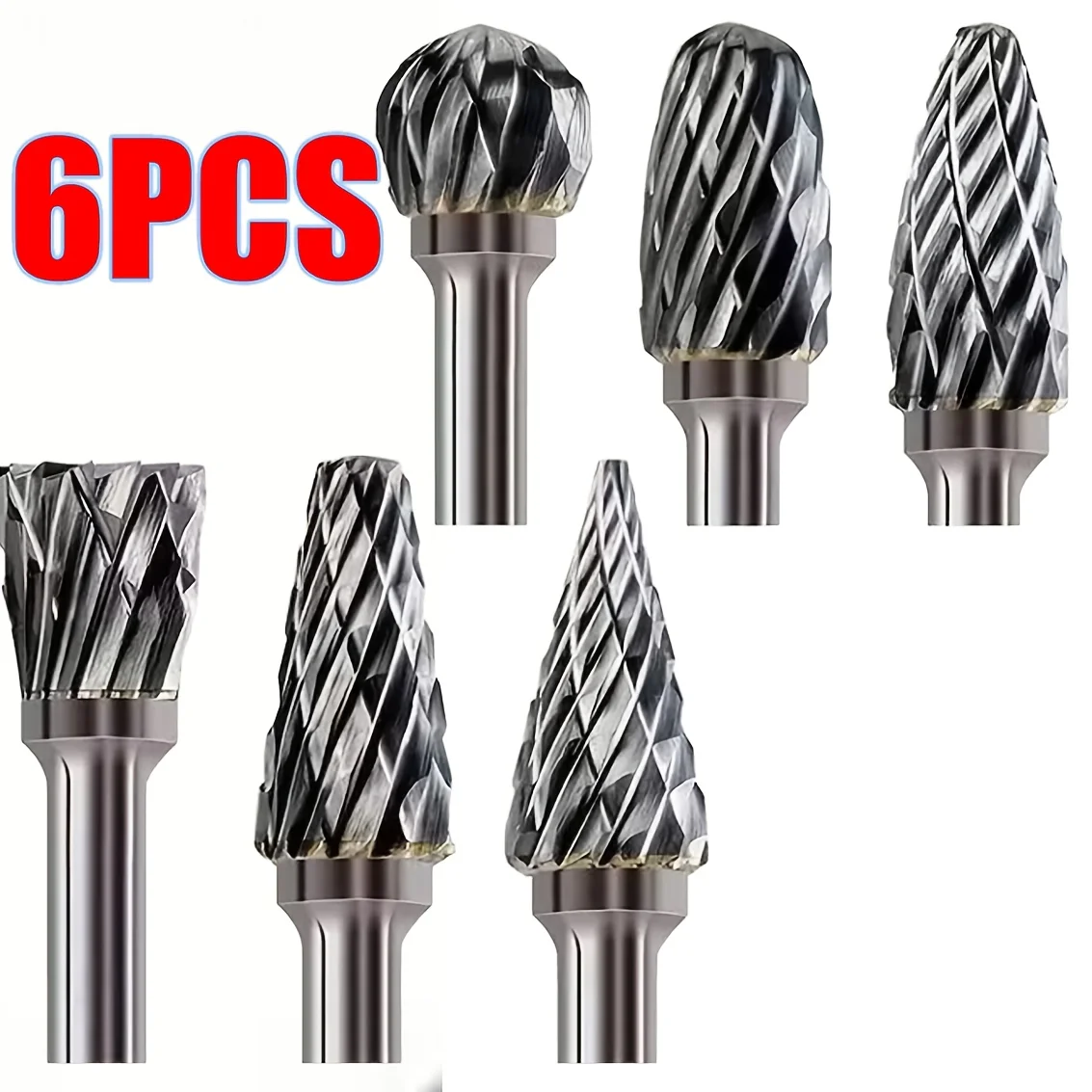 6Pcs Rotary Burr Set, 3mm Shank Rotary Cutting Carving Burrs, Grinder Bits for Wood Metal Stone Tile Polishing Grinding, Fits El