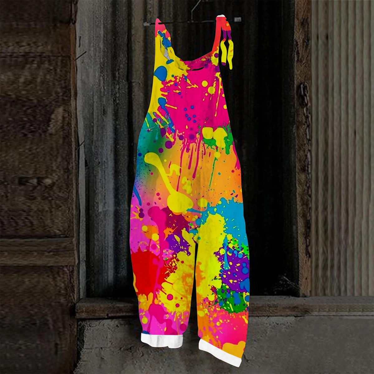 Women Vintage Multicolor Small Floral Print Jumpsuit Summer Bow Tie Strap Sleeveless Square Neck Loose Cuffed Ankle Lake Beach H