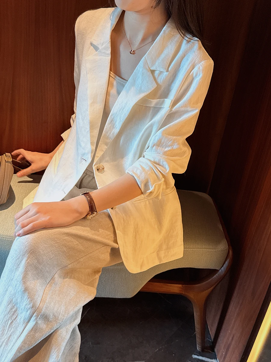 

Floral Window Artistic Thin Pure Linen Material Back Splicing V-neck Hollow out Lace Beautifully Crafted Women's Suit Jacket