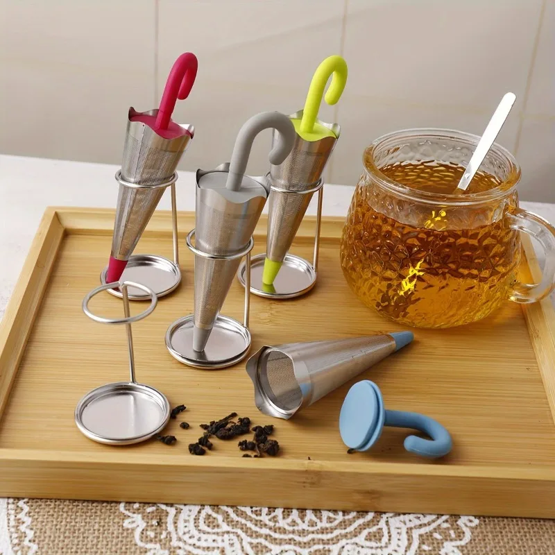 1pc Reusable Umbrella Tea Infuser With Drip Tray For Tea Cups, Mugs And Teapots, Stainless Steel Fine Mesh Tea Strainer