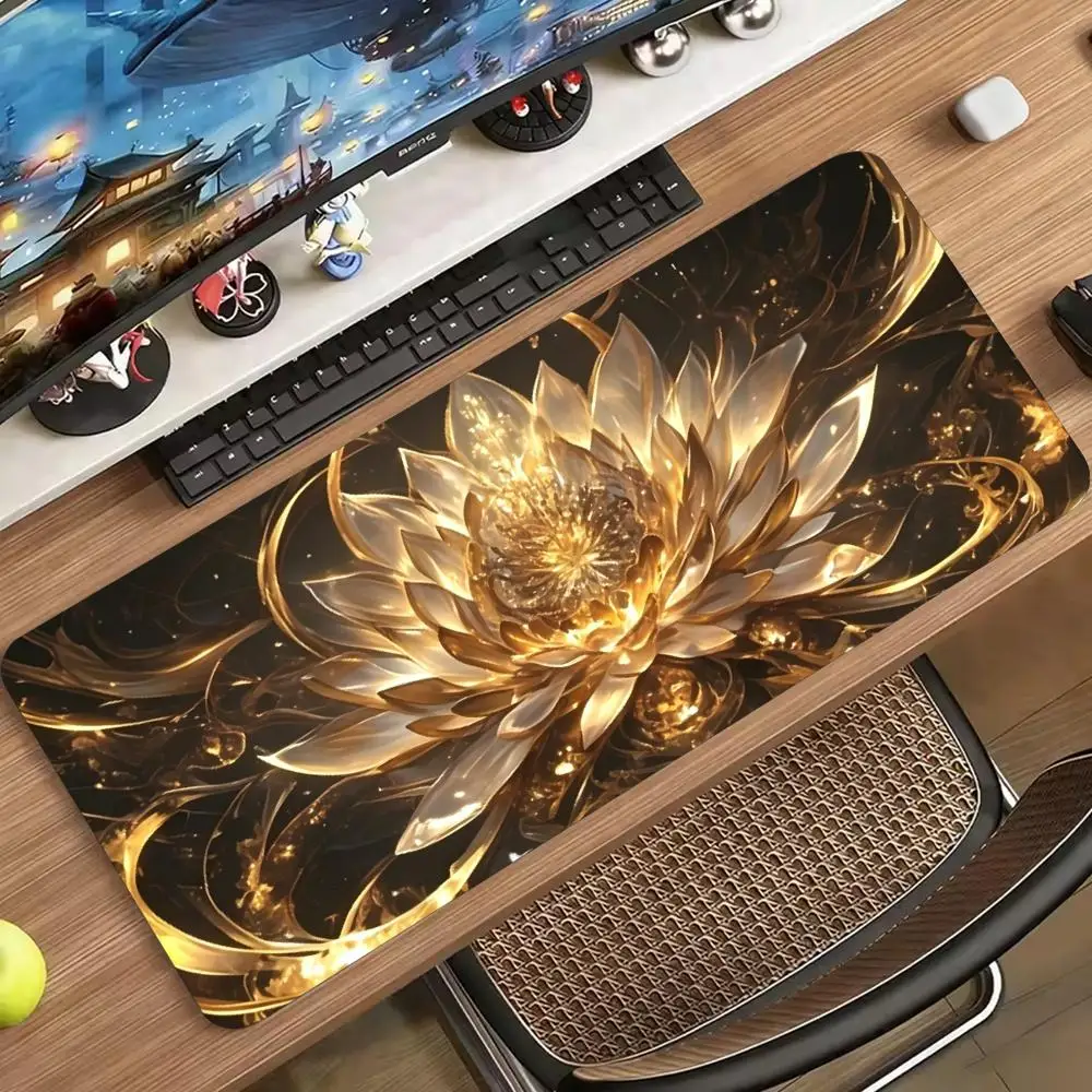 Extended Gaming Mouse Pad Golden Lotus Pattern Stitched Edge Non Slip Rubber Desk Mat Keyboard Gaming Office Smooth Surface