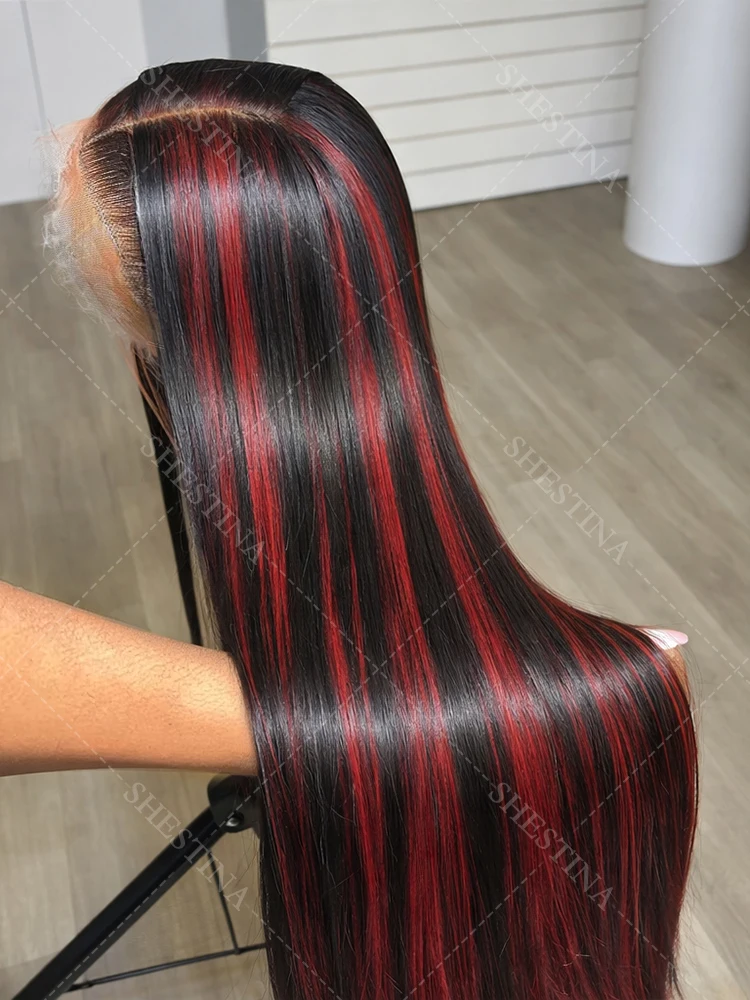 

Прямой парик из натуральных волос с омбре, черный с красным, 5x5, без клея, с HD-шнуровкой, цвет 1B/99J, готовый к носке