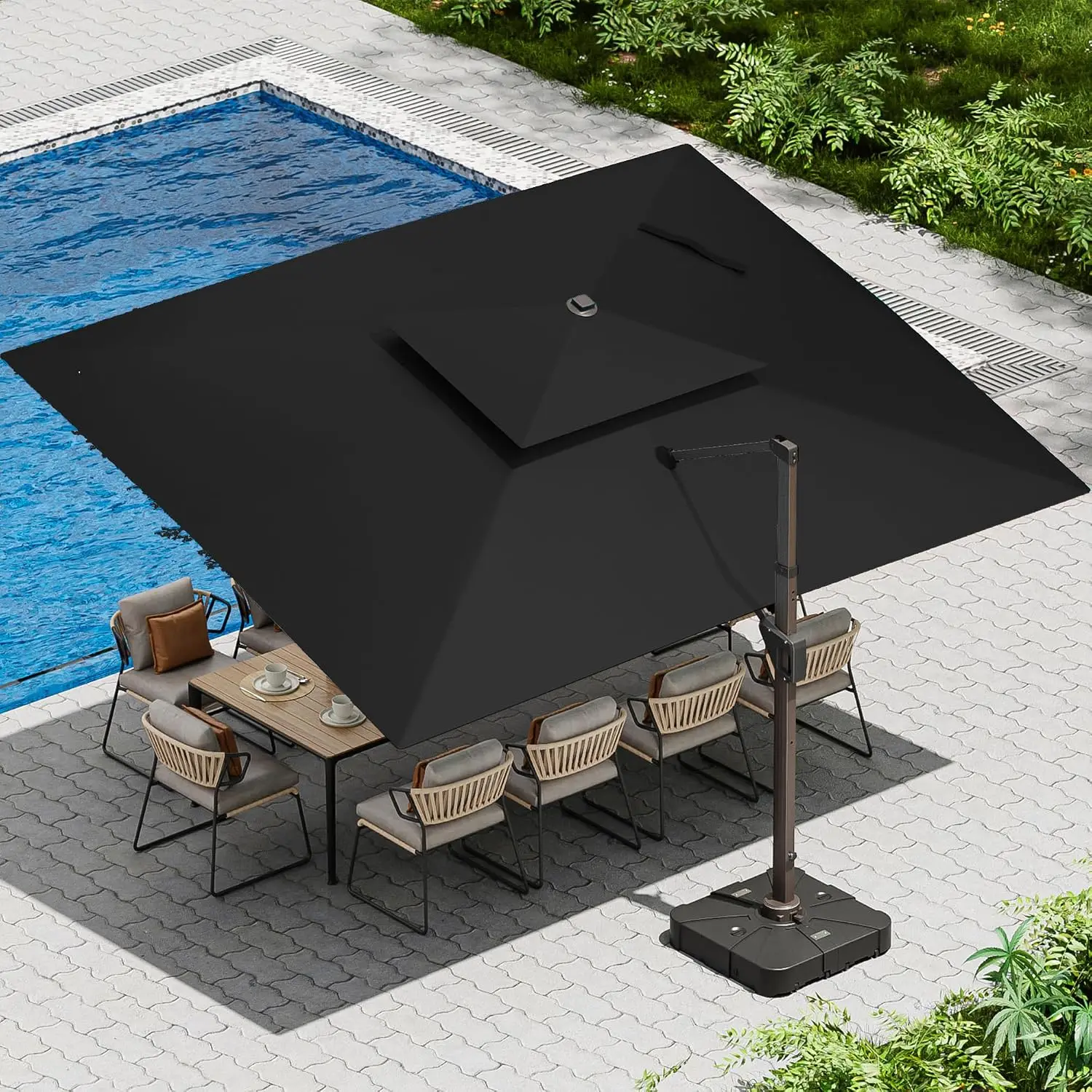 Weighted Base Included, Aluminum Frame, Waterproof Fabric, 360 Degree Rotation, 7-tilt, for Pool Deck Backyard, Black