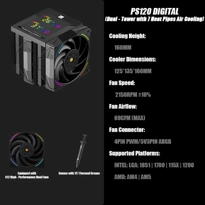 Thermalright PHANTOM SPIRIT DIGITAL 120 EVO&SNOW CPU Air Cooler AGHP GEN5.0 7 Heat Pipe Dual Tower with Dual TL-K12 Fans