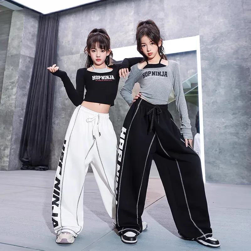 Schwarz Grau Crop Tops Mode Hosen Hip-Hop Performance Kleidung Sets Teenager Kinder Street Dance Outfits Jazz Dance Kostüm