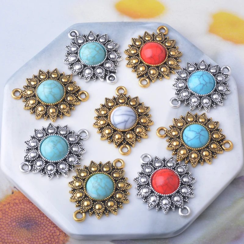 10 Stück Bohemian-Stil Antik-Silberfarbene Acryl-Doppel-Loch-Verbinder-Anhänger Zinkmetall-Ohrringe Anhänger Zubehör DIY-Schmuck – Detail 3