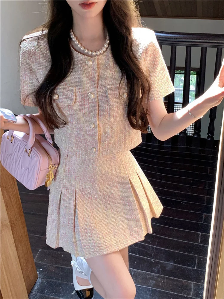 Korea Elegant Two Piece Sets Vintage Office Lady Chic Fashion Puff Sleeve Crop Top + A Line Mini Skirts Suit Retro Summer Outfit