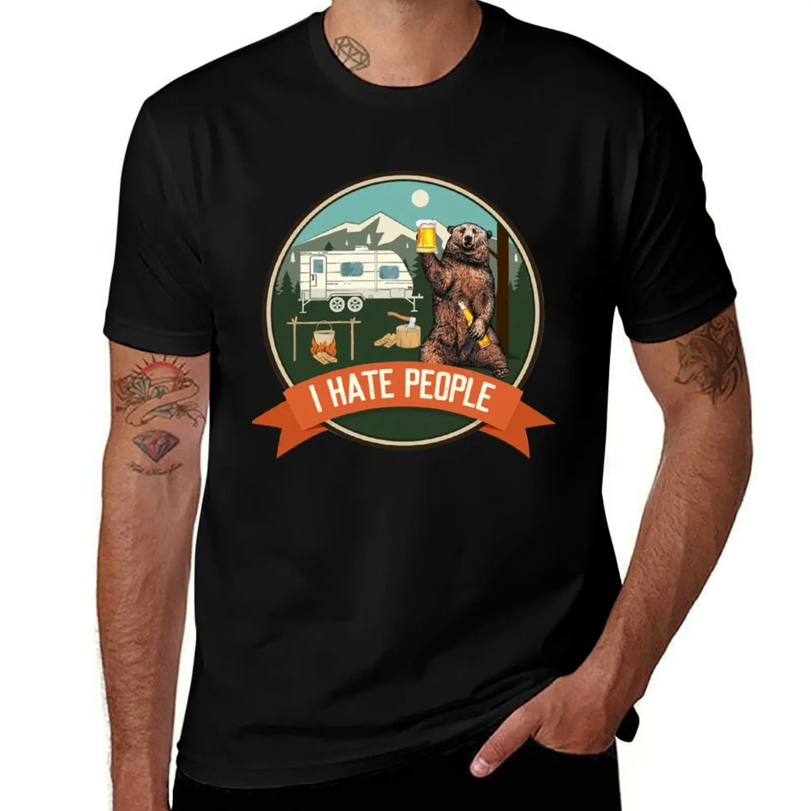 I Hate People Camping Retro Vintage Bear Camper T-Shirt Soft Anti-Shrink Cotton Tee T-Shirt