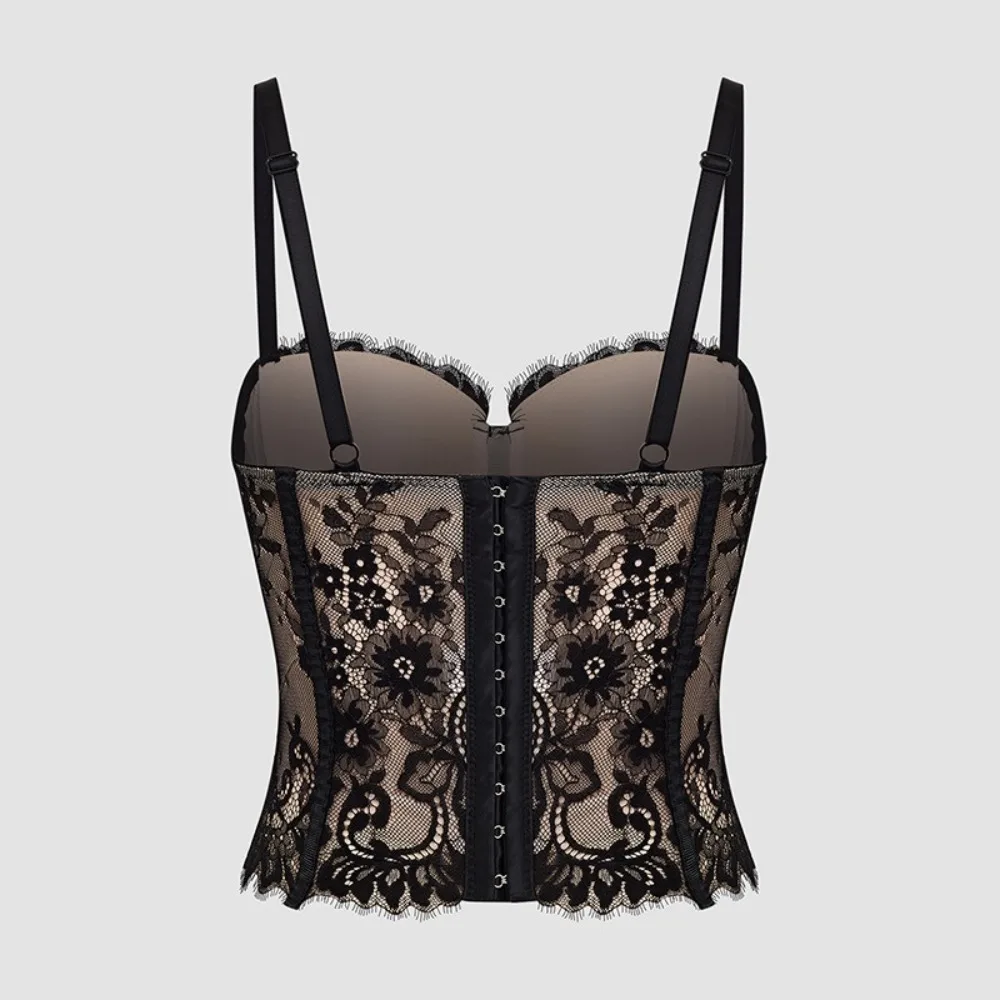 Camisola de encaje hueca a la moda, corsé de encaje ajustado transparente, ropa de calle, tanques, chaleco con tirantes, viaje