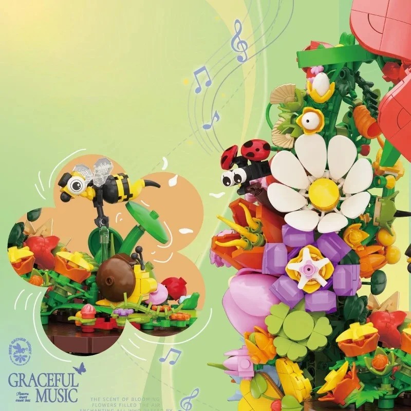 MOC Floral Vintage Framophone Building Block Set Rotante Giungla Concerto Carillon Giocattoli fai da te Regali di festa di compleanno per bambini