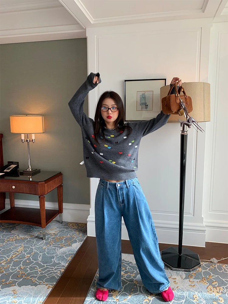 여성용 풀 울 그레이 니트 스웨터 겨울 패션 스몰 사이즈 비즈 장식 스트레이트 컷 출퇴근 스타일 보온