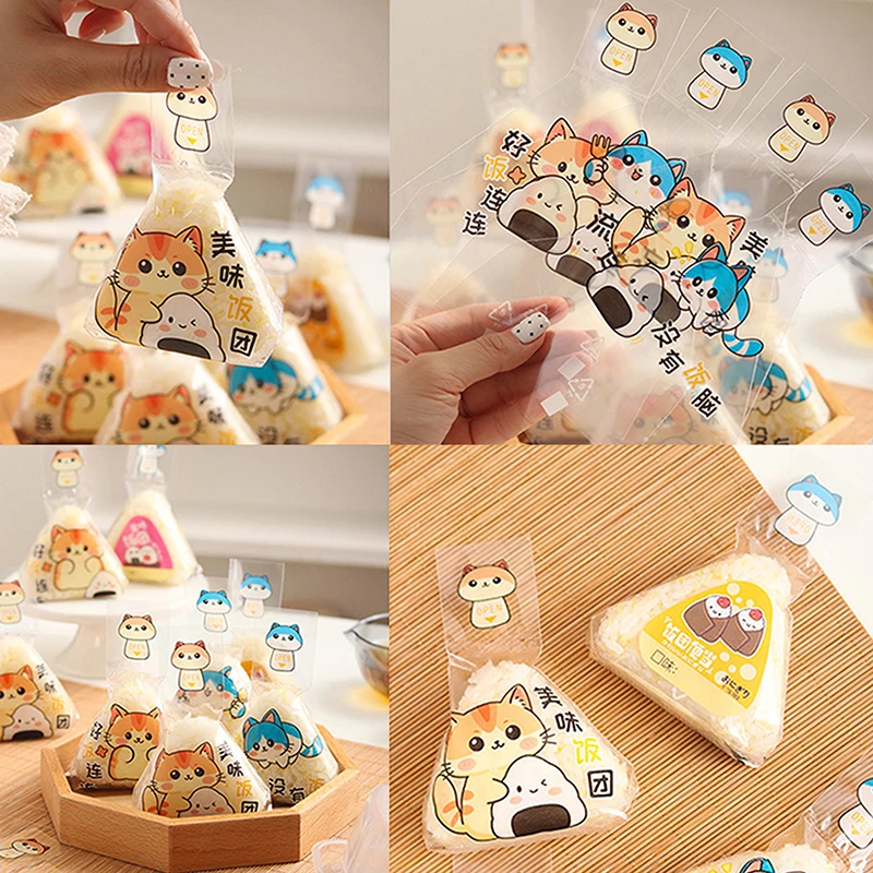 100Pcs Triangle Rice Ball Special Bag Food Grade Microwave Heating Mold Cute Cartoon Japanese Sushi Easy Tear Packaging Bag