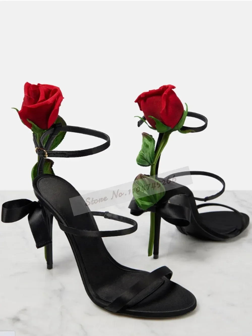 Women 3D Green Leaf Red Rose Heel Sandals Black Satin Narrow Band High Heel Shoes Stiletto Heels Blossom Floral Wedding Shoes