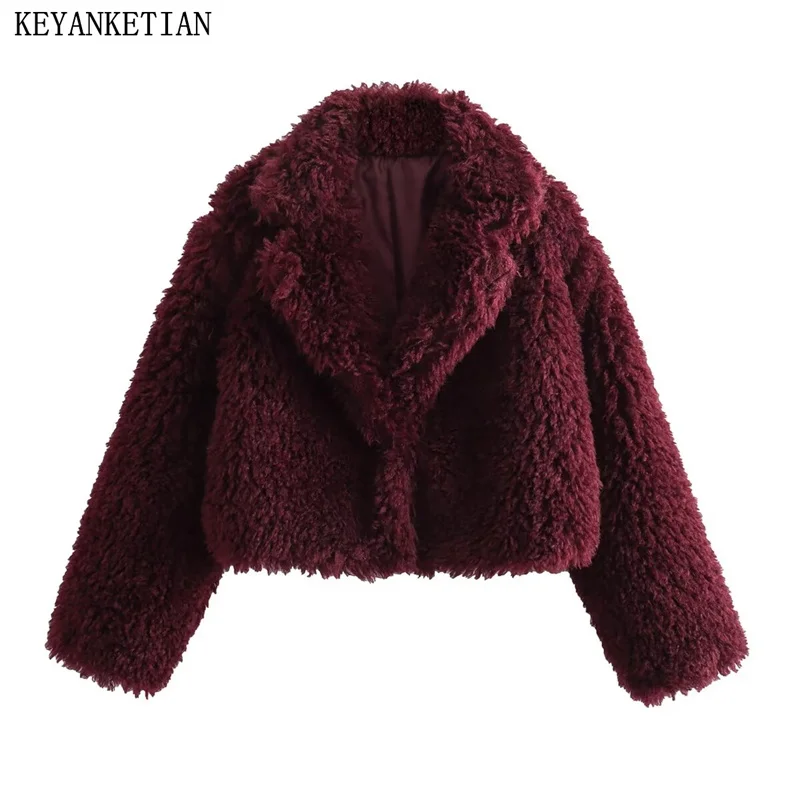 KEYANKETIAN-Casaco curto de pele sintética para mulheres, casaco elegante, colarinho entalhado, top curto, outerwear feminino, moda de luxo, novo lançamento, 2022