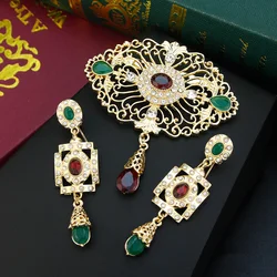 Sunspicems Gold Color Morocco Brooch Square Drop Earring Bride Jewelry Sets For Women Arabian Crystal Brooch Caftan Hijab Pins