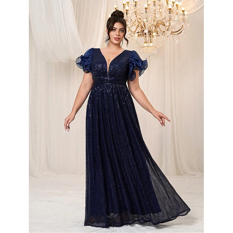 Women Plus Size Blue Sequined Ruffle Deep V Neck Prom Dress Elegant Ladies Cocktail Evening Long Dresses Vestido De Festa