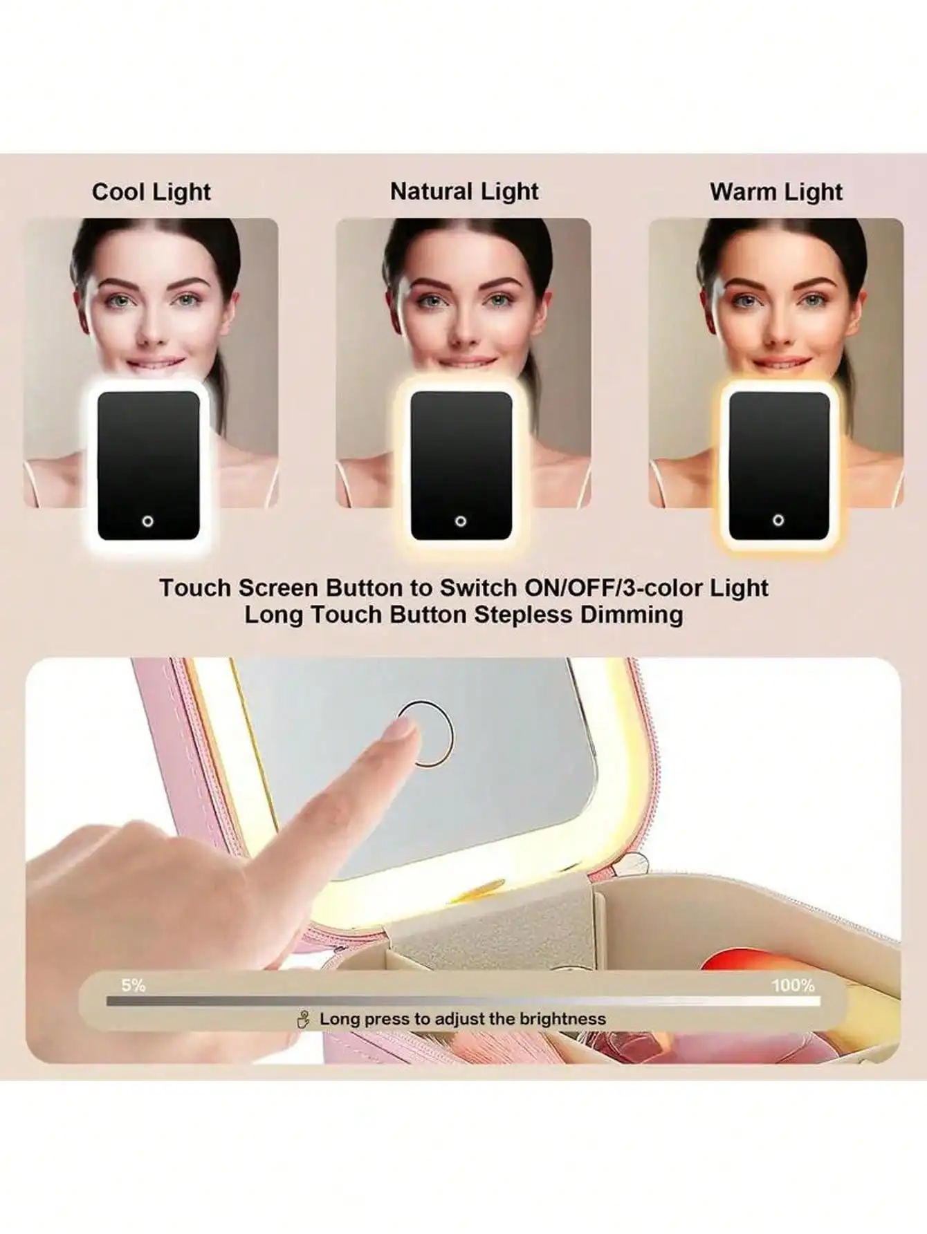 حقيبة مكياج مضاءة بإضاءة LED مع مرآة - منظم مستحضرات التجميل للسفر قابل لإعادة الشحن، إضاءة قابلة للتعديل بثلاثة ألوان، حقيبة تخزين المجوهرات